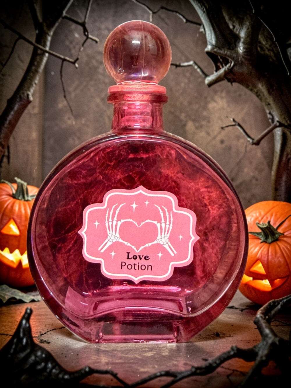 🩷🎀Pink Love Potion Glass Halloween Skull Hands Bottle 🩷🎀